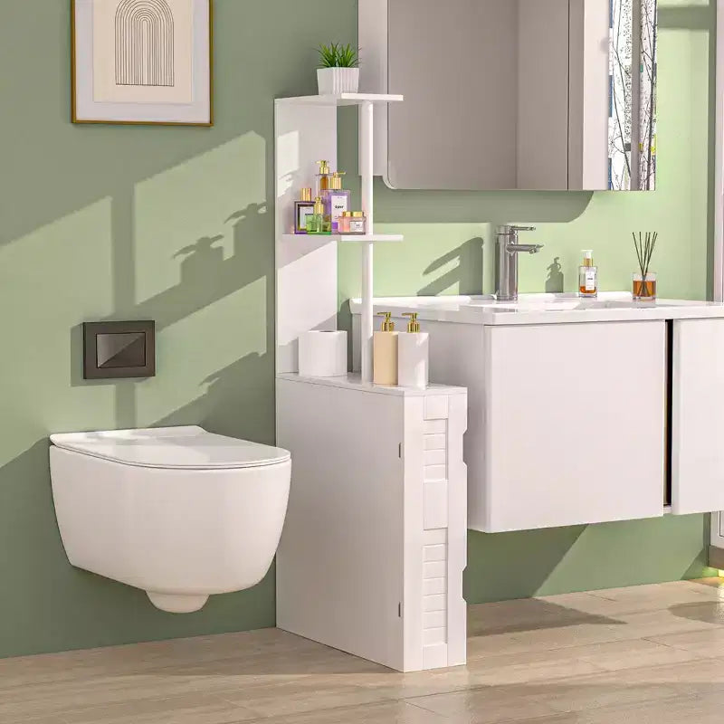 Narrow Bathroom Storage Cabinet, Slim Bathroom Storage Organizer with 2 Open Shelves & Door, Freestanding Floor Cabinet for Small Spaces, White