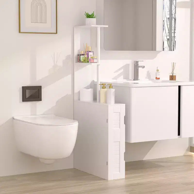 Narrow Bathroom Storage Cabinet, Slim Bathroom Storage Organizer with 2 Open Shelves & Door, Freestanding Floor Cabinet for Small Spaces, White