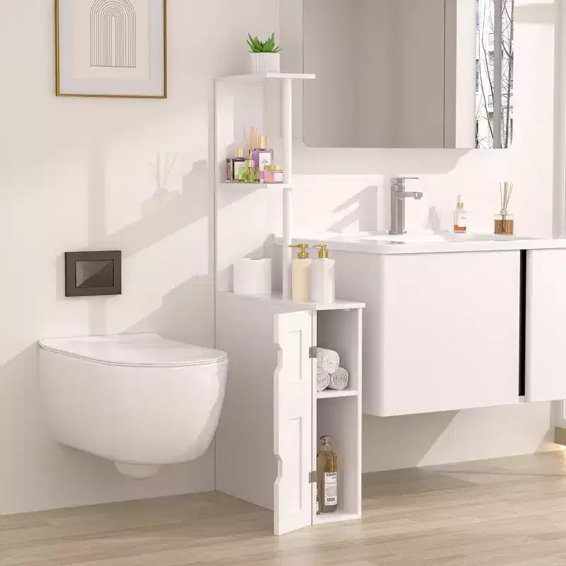 Narrow Bathroom Storage Cabinet, Slim Bathroom Storage Organizer with 2 Open Shelves & Door, Freestanding Floor Cabinet for Small Spaces, White