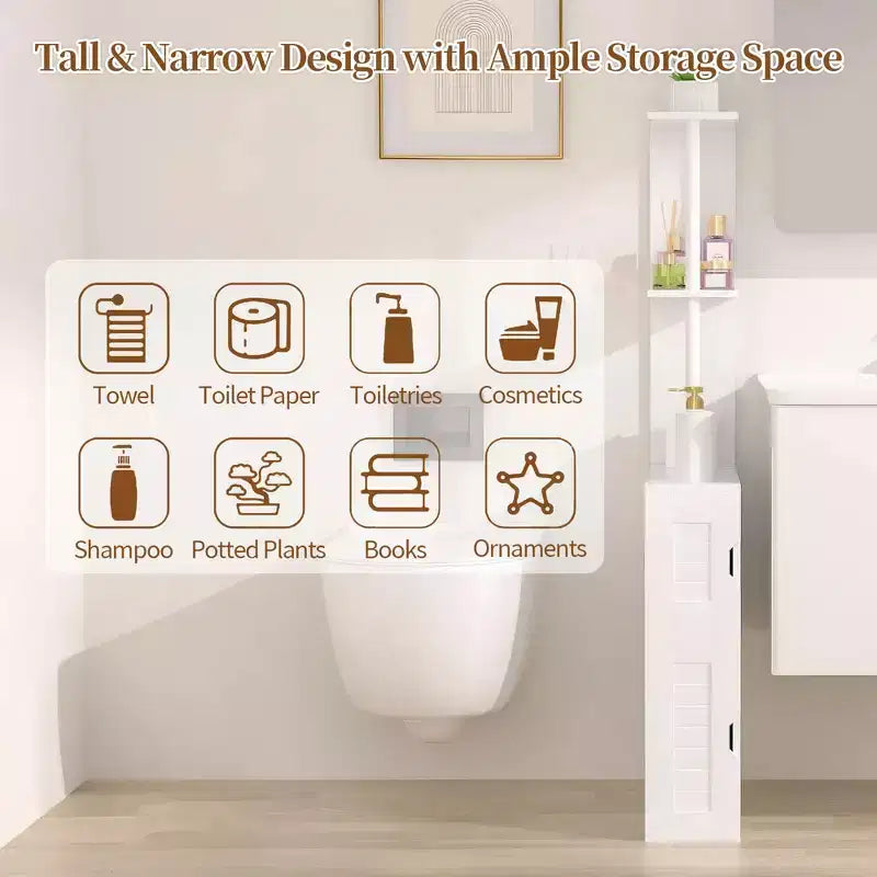 Narrow Bathroom Storage Cabinet, Slim Bathroom Storage Organizer with 2 Open Shelves & Door, Freestanding Floor Cabinet for Small Spaces, White