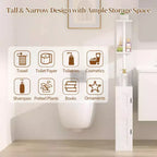 Meuble de rangement de salle de bain étroit, Organisateur de salle de bain mince avec 2 étagères ouvertes et une porte, Meuble de sol autoportant pour petits espaces, Blanc
