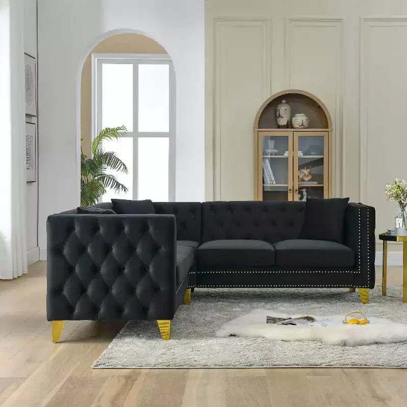 82.2-Inch Velvet Corner Sofa, L-Shaped Sectional Couch, 5-Seater Corner Sofas with 3 Cushions for Living Room, Bedroom, Apartment, Office