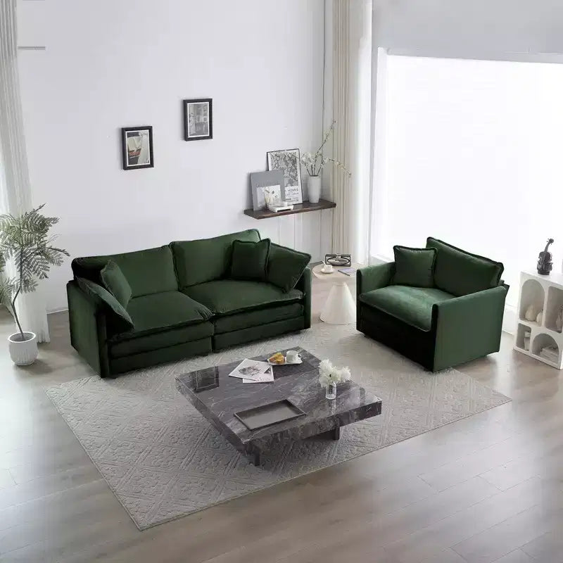 3 Piece Sofa with Arm Pillows and Toss Pillows Sofa Include 2 Piece of Arm Chair and One 2 Seat Sofa Green Chenille