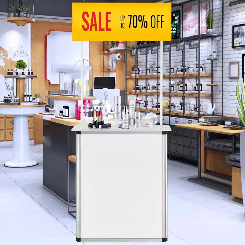 Promotion Counter Table,Portable Tradeshow Podium Table, 30.91 x 14.96 x 71.46,Display Exhibition Counter Stand Booth Fair with Wall, White
