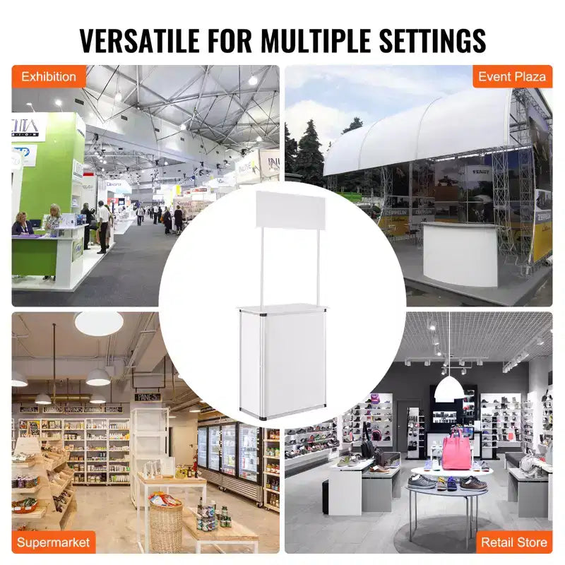 Promotion Counter Table,Portable Tradeshow Podium Table, 30.91 x 14.96 x 71.46,Display Exhibition Counter Stand Booth Fair with Wall, White