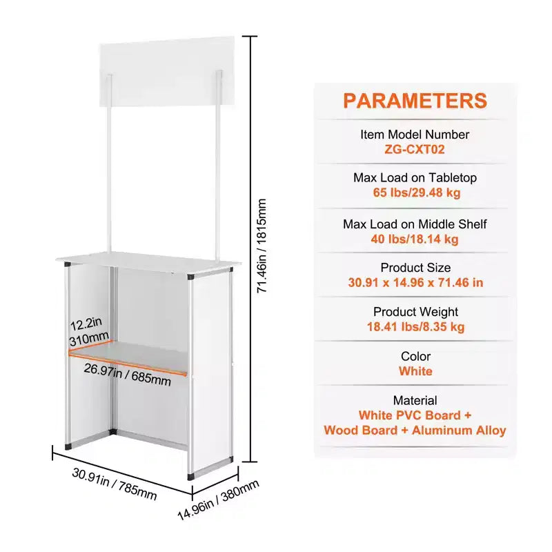 Promotion Counter Table,Portable Tradeshow Podium Table, 30.91 x 14.96 x 71.46,Display Exhibition Counter Stand Booth Fair with Wall, White