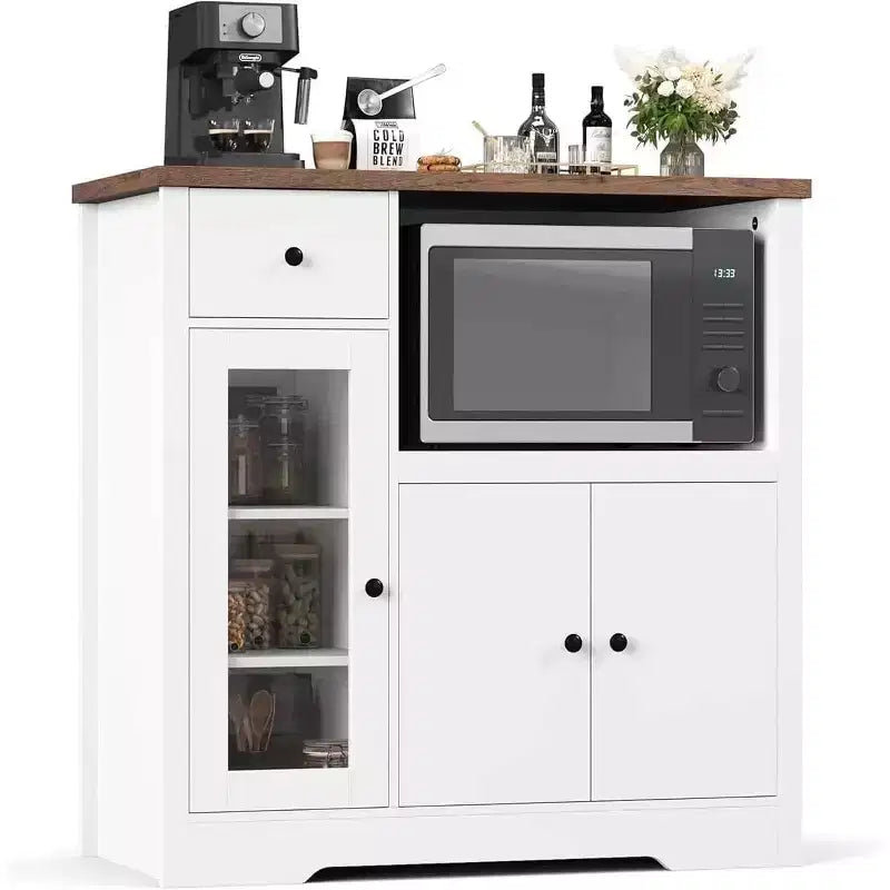 Kitchen Microwave Cabinet with 3 Doors, 1 Drawer & Adjustable Shelves, Buffet Sideboard Storage for Kitchen, Dining & Living Room