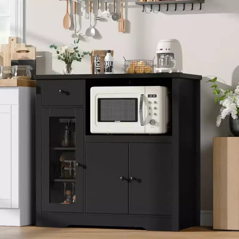 Kitchen Microwave Cabinet with 3 Doors, 1 Drawer & Adjustable Shelves, Buffet Sideboard Storage for Kitchen, Dining & Living Room