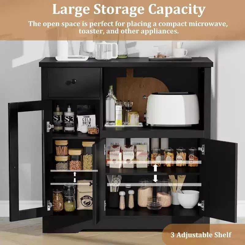 Kitchen Microwave Cabinet with 3 Doors, 1 Drawer & Adjustable Shelves, Buffet Sideboard Storage for Kitchen, Dining & Living Room