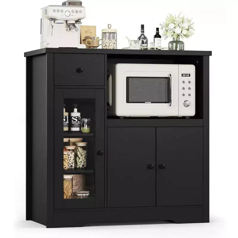 Kitchen Microwave Cabinet with 3 Doors, 1 Drawer & Adjustable Shelves, Buffet Sideboard Storage for Kitchen, Dining & Living Room