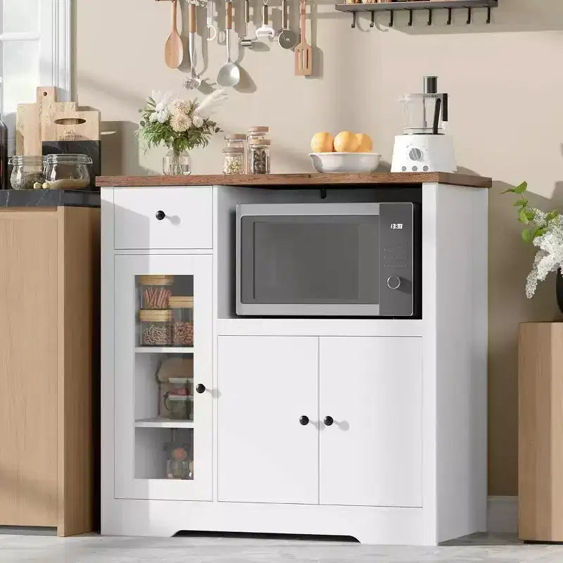 Kitchen Microwave Cabinet with 3 Doors, 1 Drawer & Adjustable Shelves, Buffet Sideboard Storage for Kitchen, Dining & Living Room