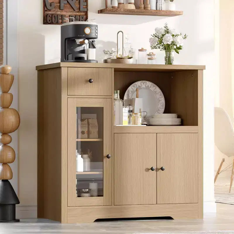 Kitchen Microwave Cabinet with 3 Doors, 1 Drawer & Adjustable Shelves, Buffet Sideboard Storage for Kitchen, Dining & Living Room