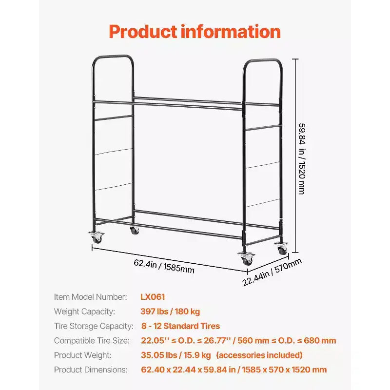 Rolling Tire Storage Rack, 2-Shelf Tire Holder and Transport Trailer for Garage, Heavy-Duty Steel Tire Storage Cart with Wheel, Black