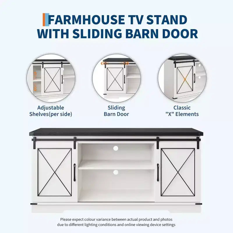 Farmhouse TV Stand for TVs up to 65, Entertainment Center with Sliding Barn Doors & Adjustable Shelf for Living Room