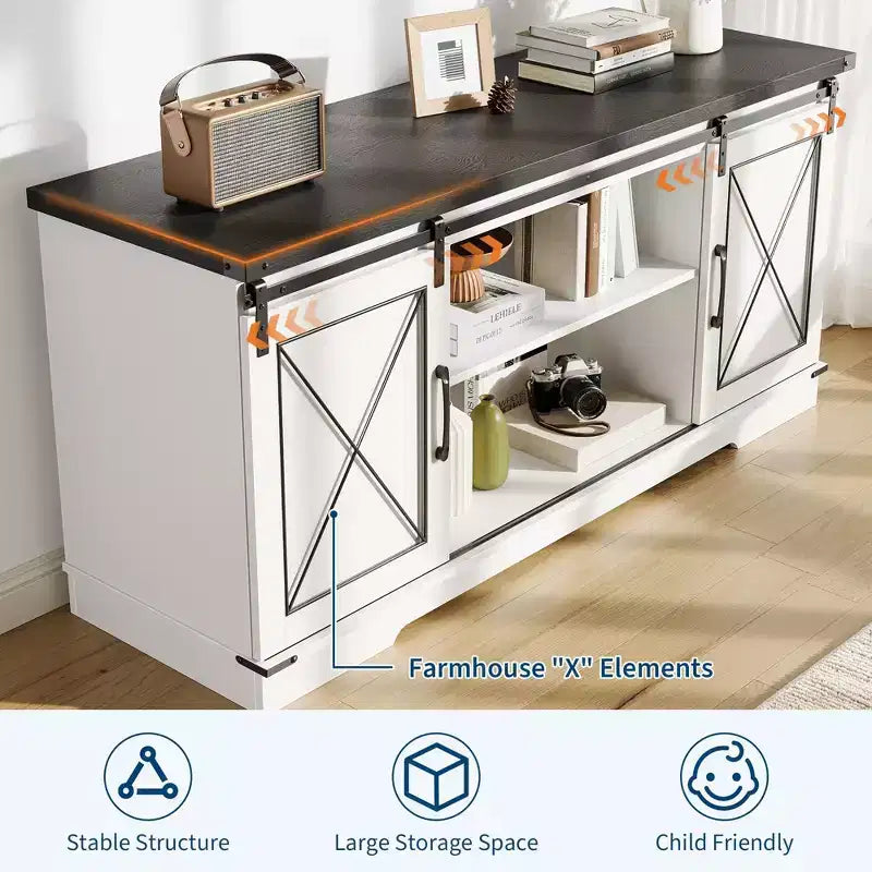 Farmhouse TV Stand for TVs up to 65, Entertainment Center with Sliding Barn Doors & Adjustable Shelf for Living Room