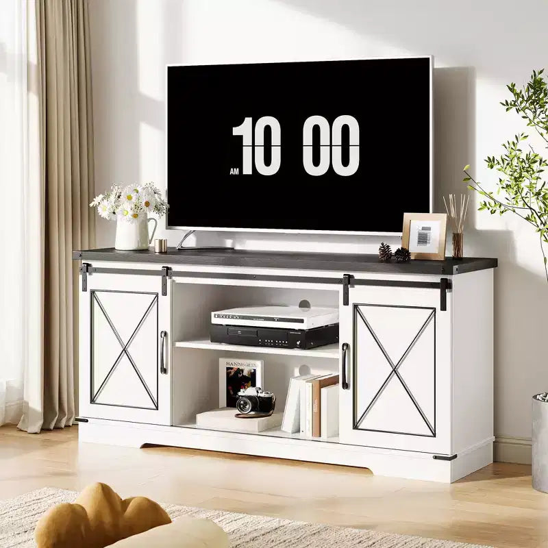 Farmhouse TV Stand for TVs up to 65, Entertainment Center with Sliding Barn Doors & Adjustable Shelf for Living Room