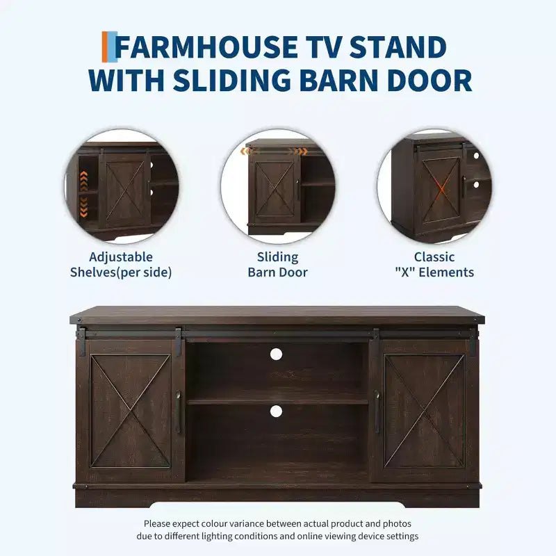 Farmhouse TV Stand for TVs up to 65, Entertainment Center with Sliding Barn Doors & Adjustable Shelf for Living Room