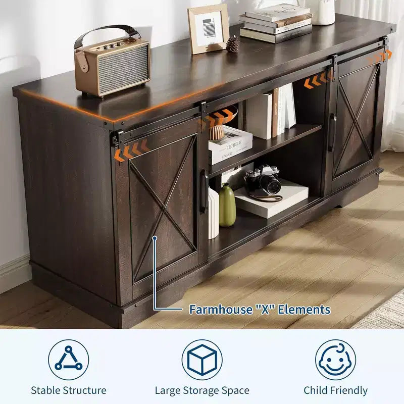 Farmhouse TV Stand for TVs up to 65, Entertainment Center with Sliding Barn Doors & Adjustable Shelf for Living Room