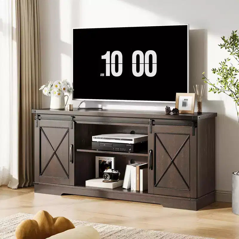 Farmhouse TV Stand for TVs up to 65, Entertainment Center with Sliding Barn Doors & Adjustable Shelf for Living Room
