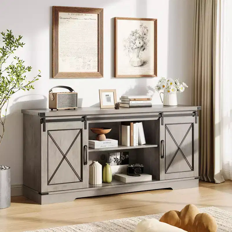 Farmhouse TV Stand for TVs up to 65, Entertainment Center with Sliding Barn Doors & Adjustable Shelf for Living Room