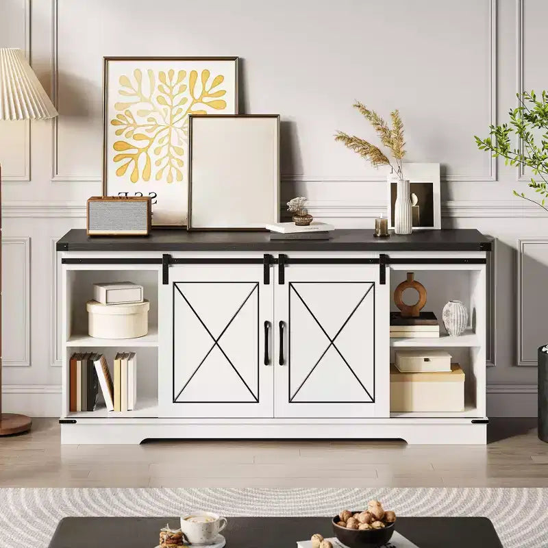 Farmhouse TV Stand for TVs up to 65, Entertainment Center with Sliding Barn Doors & Adjustable Shelf for Living Room