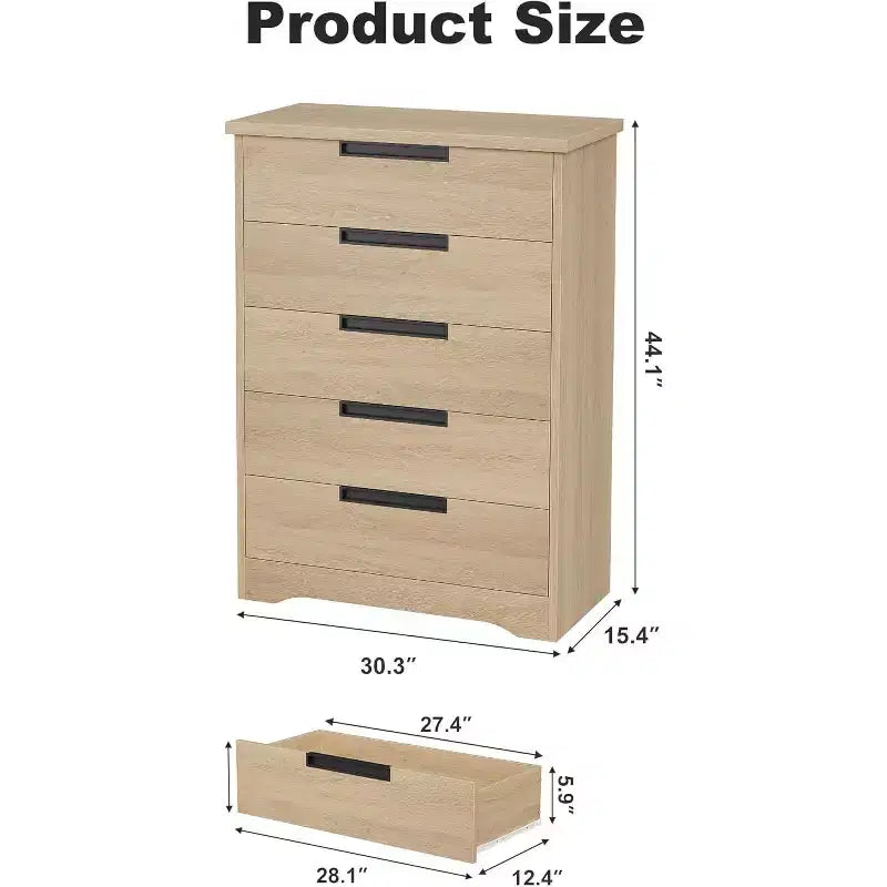 5 Drawer Dresser, Chest of Drawers with Embedded Handles, Dresser Organizer for Living Room, Nursery, Hallway and Entryway