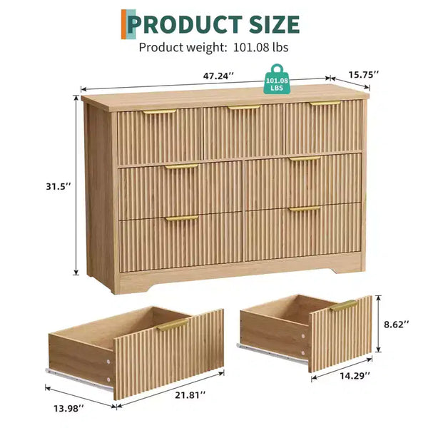 Commode cannelée pour chambre à coucher avec 7 tiroirs, commode moderne de 120 cm pour chambre à coucher