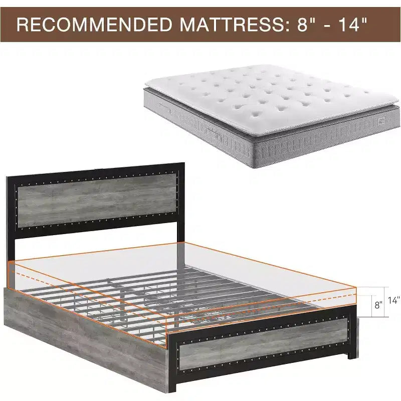 Bed Frame with Four Storage Drawers, Platform Bed with Headboard & Riveted Decoration, Metal Slat Frame