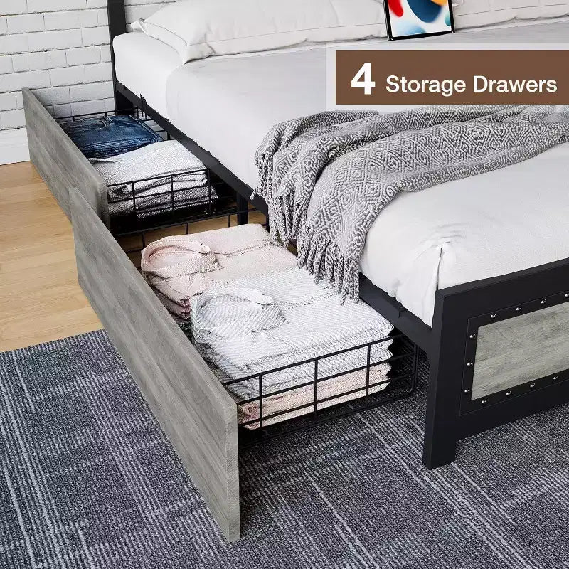 Bed Frame with Four Storage Drawers, Platform Bed with Headboard & Riveted Decoration, Metal Slat Frame