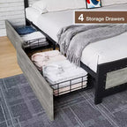 Cadre de lit avec quatre tiroirs de rangement, lit plateforme avec tête de lit et décoration cloutée, cadre à lattes métalliques