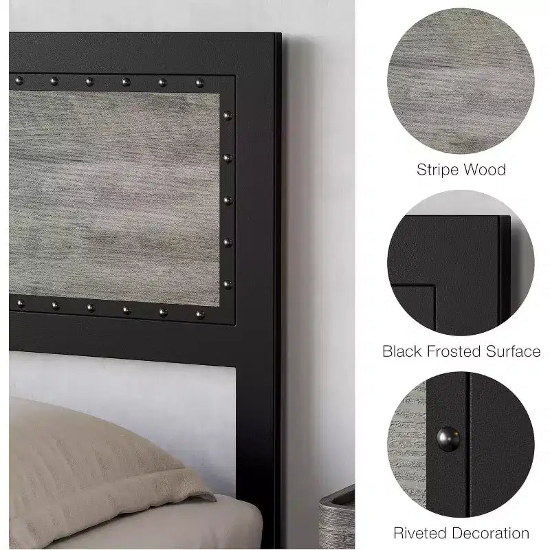 Bed Frame with Four Storage Drawers, Platform Bed with Headboard & Riveted Decoration, Metal Slat Frame