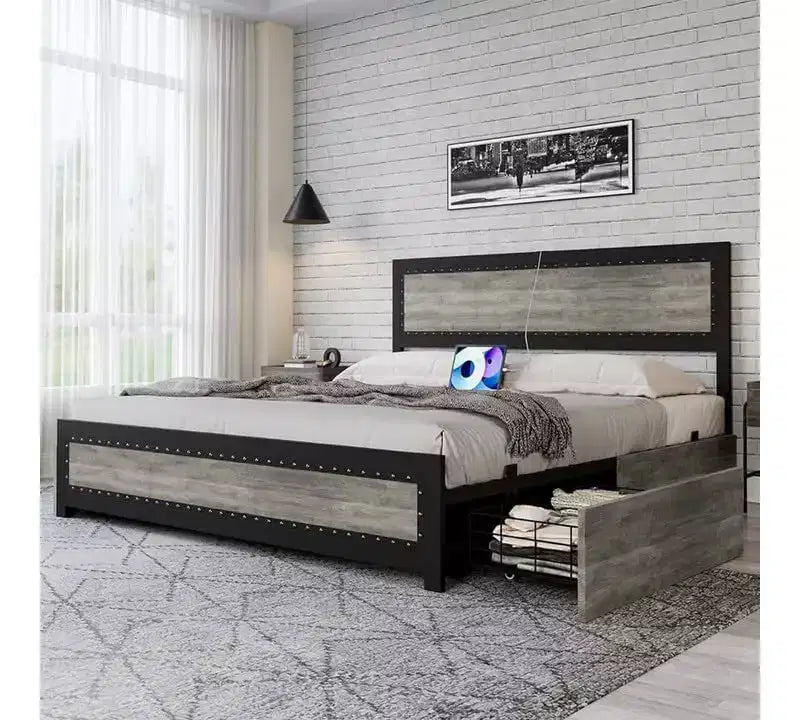 Bed Frame with Four Storage Drawers, Platform Bed with Headboard & Riveted Decoration, Metal Slat Frame