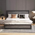 Cadre de lit avec quatre tiroirs de rangement, lit plateforme avec tête de lit et décoration cloutée, cadre à lattes métalliques
