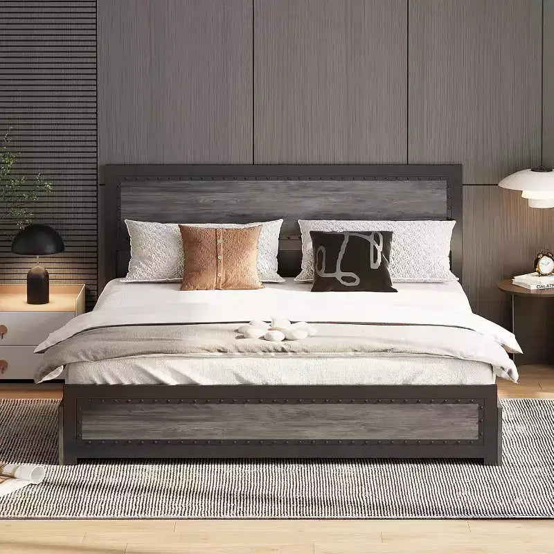 Bed Frame with Four Storage Drawers, Platform Bed with Headboard & Riveted Decoration, Metal Slat Frame