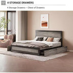 Cadre de lit avec quatre tiroirs de rangement, lit plateforme avec tête de lit et décoration cloutée, cadre à lattes métalliques
