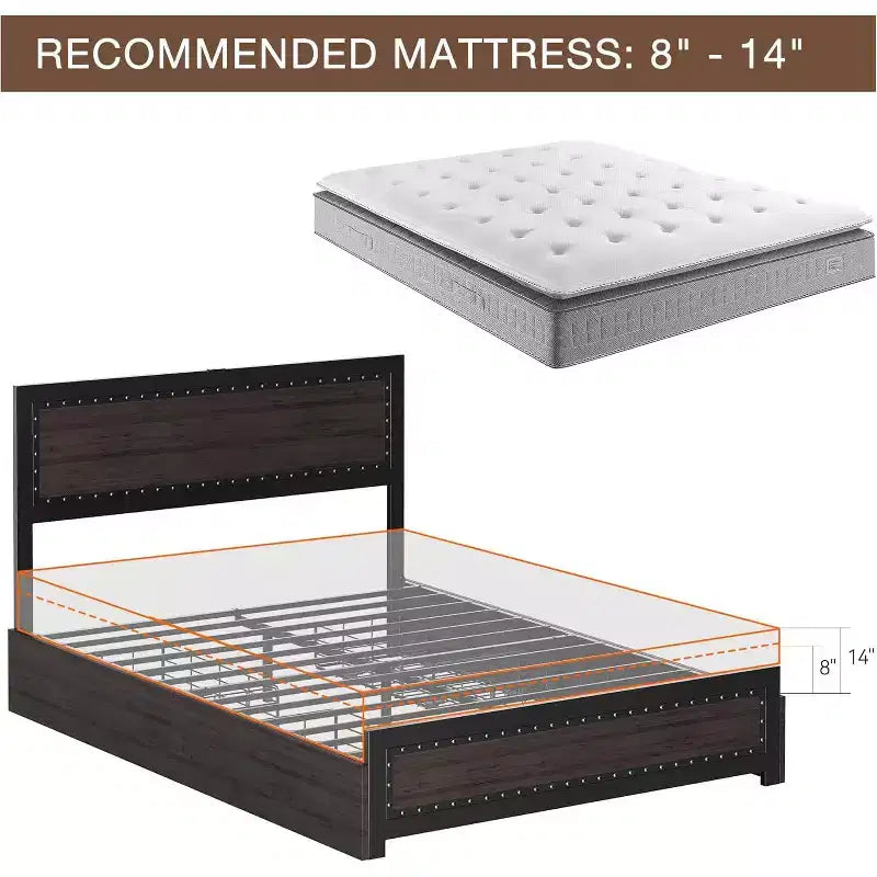 Bed Frame with Four Storage Drawers, Platform Bed with Headboard & Riveted Decoration, Metal Slat Frame