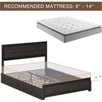 Cadre de lit avec quatre tiroirs de rangement, lit plateforme avec tête de lit et décoration cloutée, cadre à lattes métalliques