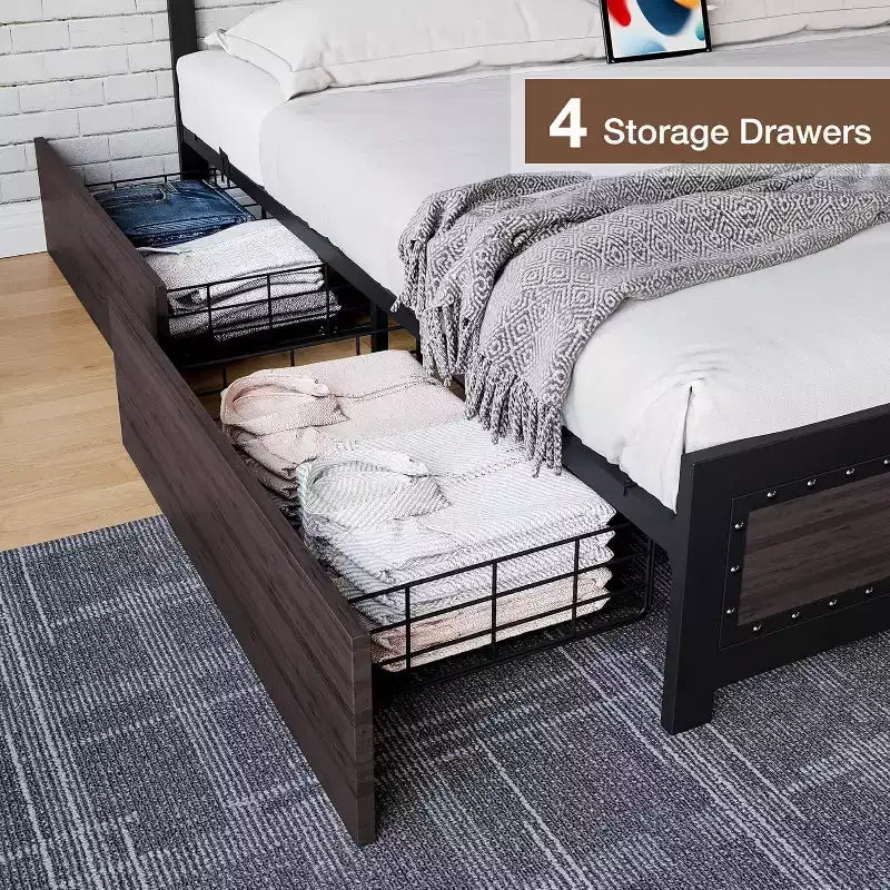 Bed Frame with Four Storage Drawers, Platform Bed with Headboard & Riveted Decoration, Metal Slat Frame