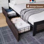 Cadre de lit avec quatre tiroirs de rangement, lit plateforme avec tête de lit et décoration cloutée, cadre à lattes métalliques