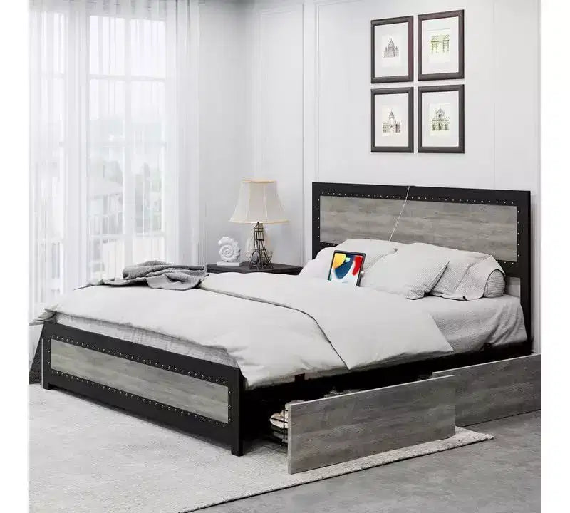 Bed Frame with Four Storage Drawers, Platform Bed with Headboard & Riveted Decoration, Metal Slat Frame