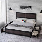 CuisinSmart Bed Frame with Four Storage Drawers, Platform Bed with Headboard & Riveted Decoration, Metal Slat Frame