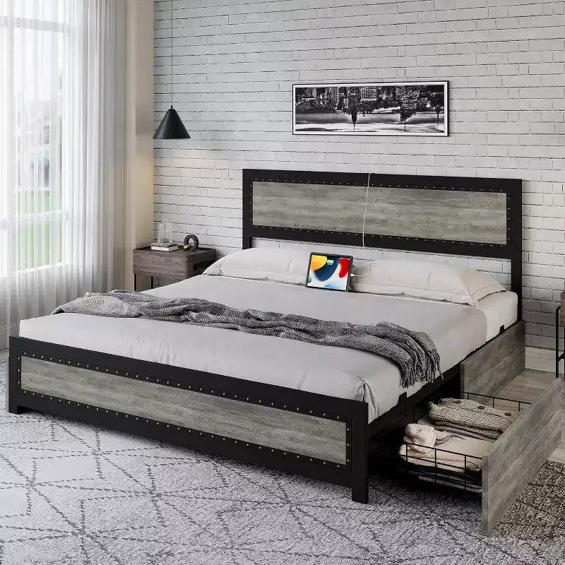 Bed Frame with Four Storage Drawers, Platform Bed with Headboard & Riveted Decoration, Metal Slat Frame