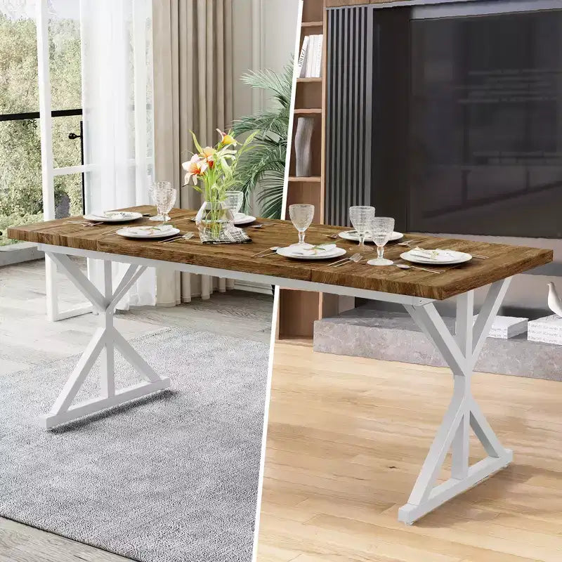 Farmhouse Dining Table for 6 People, 70.8 Inch Rectangular Wood Dining Table with Extra Heavy Duty Metal Legs