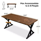Table de salle à manger de ferme pour 6 personnes, table à manger rectangulaire en bois de 180 cm avec pieds métalliques extra robustes