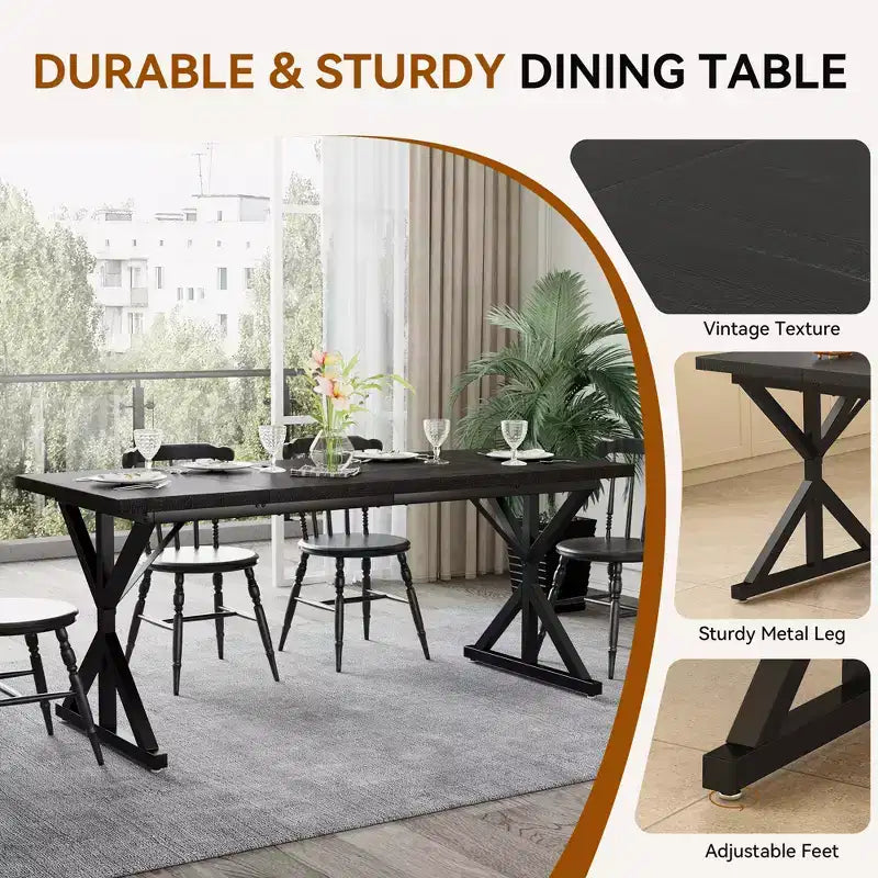 Farmhouse Dining Table for 6 People, 70.8 Inch Rectangular Wood Dining Table with Extra Heavy Duty Metal Legs