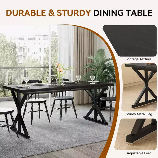 Table de salle à manger de ferme pour 6 personnes, table à manger rectangulaire en bois de 180 cm avec pieds métalliques extra robustes
