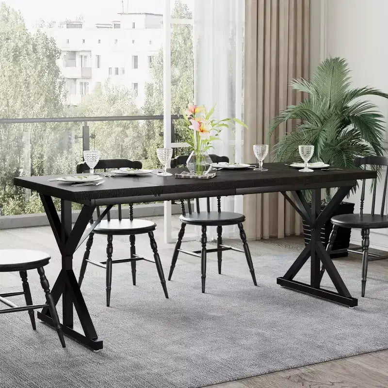 Farmhouse Dining Table for 6 People, 70.8 Inch Rectangular Wood Dining Table with Extra Heavy Duty Metal Legs