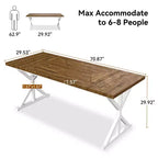 Table de salle à manger de ferme pour 6 personnes, table à manger rectangulaire en bois de 180 cm avec pieds métalliques extra robustes