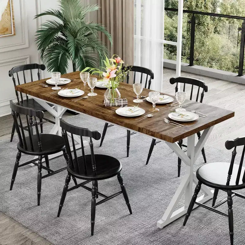 Farmhouse Dining Table for 6 People, 70.8 Inch Rectangular Wood Dining Table with Extra Heavy Duty Metal Legs
