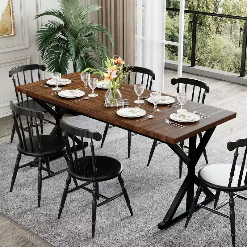 Farmhouse Dining Table for 6 People, 70.8 Inch Rectangular Wood Dining Table with Extra Heavy Duty Metal Legs